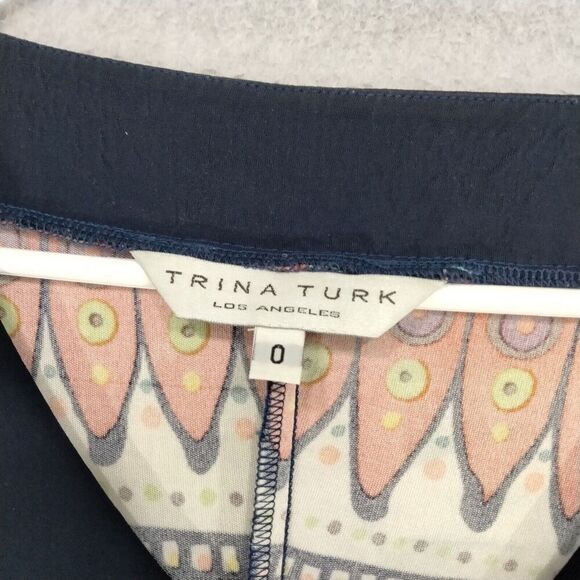 Trina Turk Sheath Dress Womens Size 0 100% Silk Orange Blue Tribal Print Bell - Picture 7 of 12